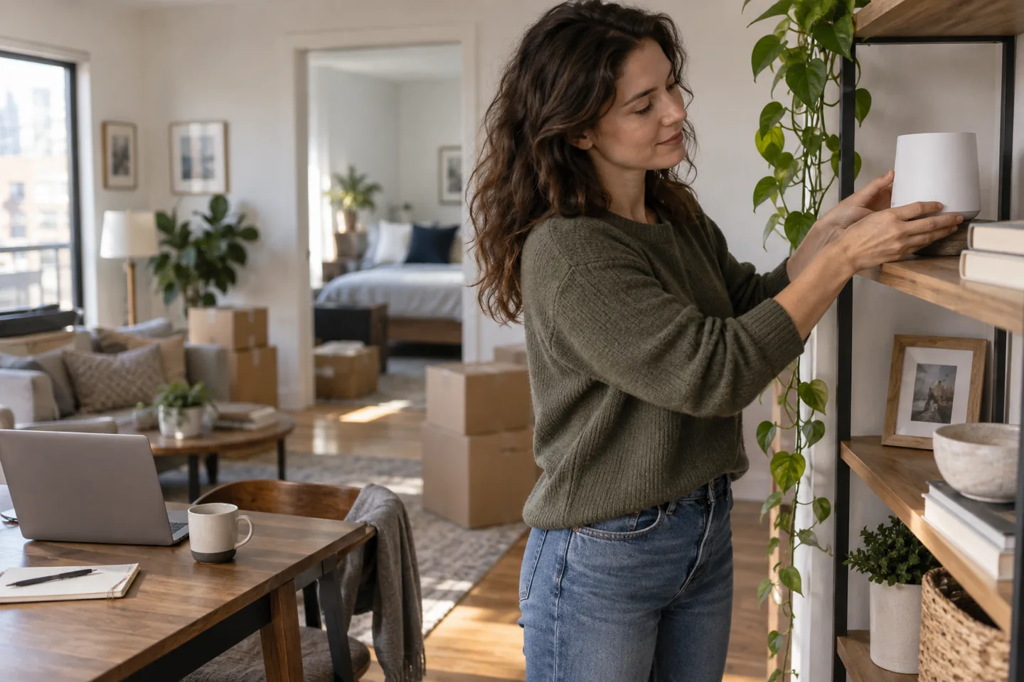 A renter placing a mesh Wi-Fi node on an open shelf between apartment rooms.