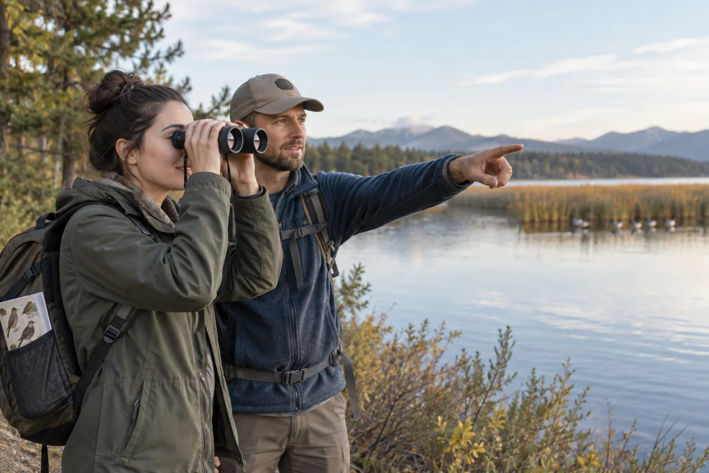 A beginner birdwatcher using binoculars on a quiet lakeside trail.