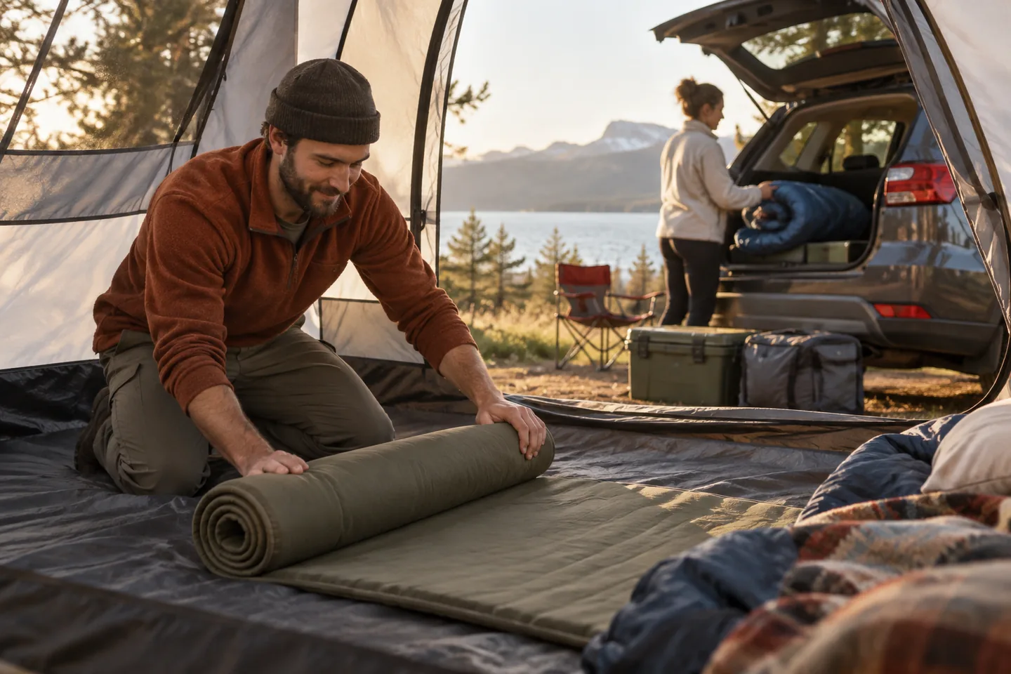 A camper arranging a thick sleeping pad inside a roomy tent near a parked car.