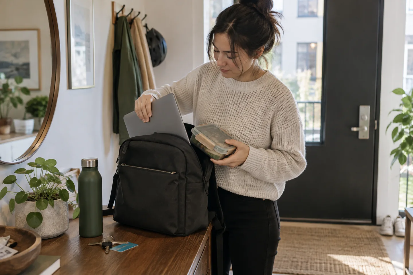 A city commuter packing a laptop, lunch container, and light jacket into a work backpack.
