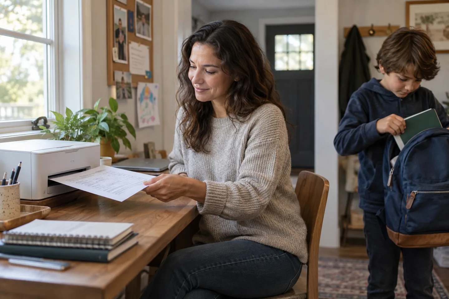 A parent printing a school form from a compact printer on a home-office shelf.