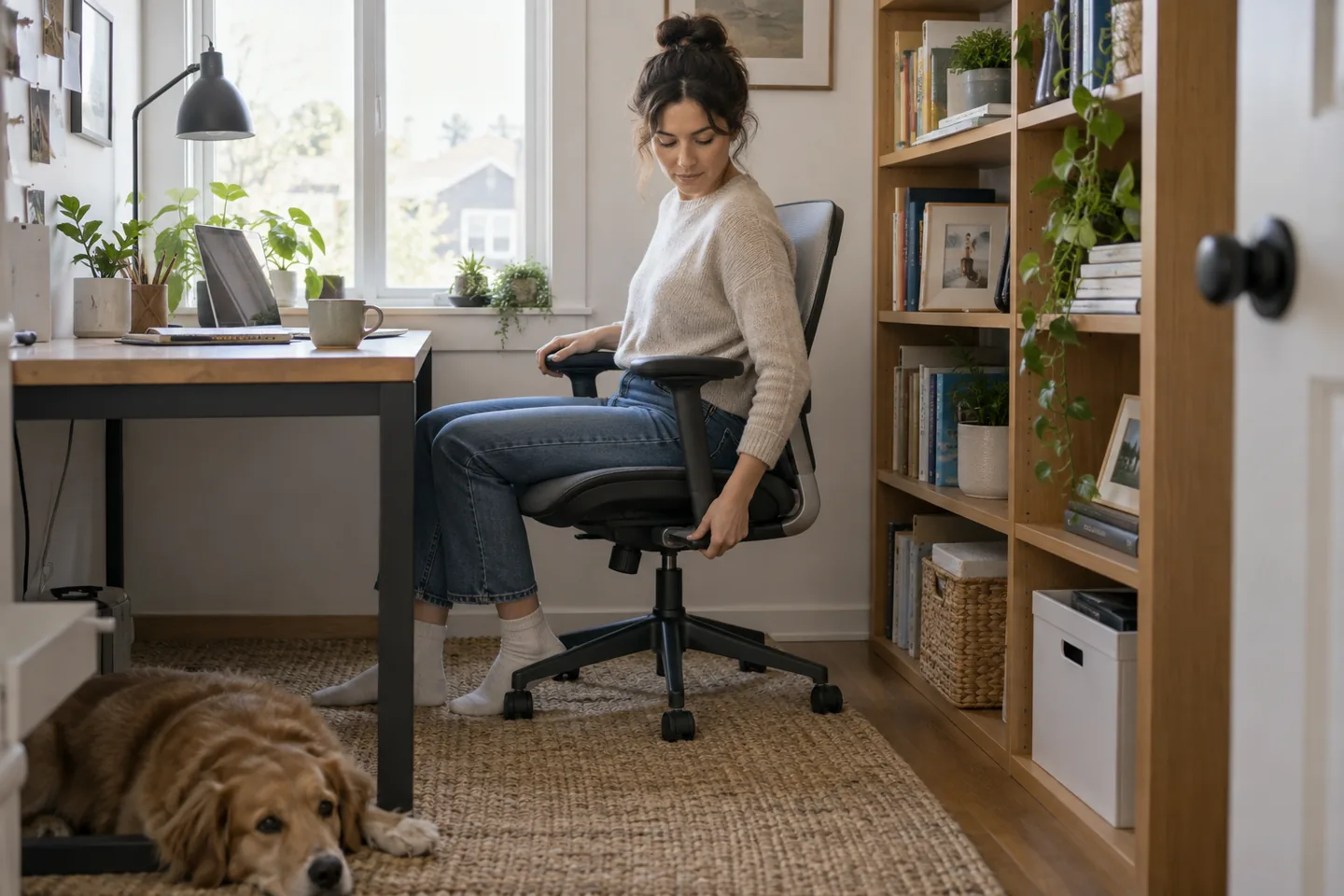A person testing a compact ergonomic office chair in a small home office.