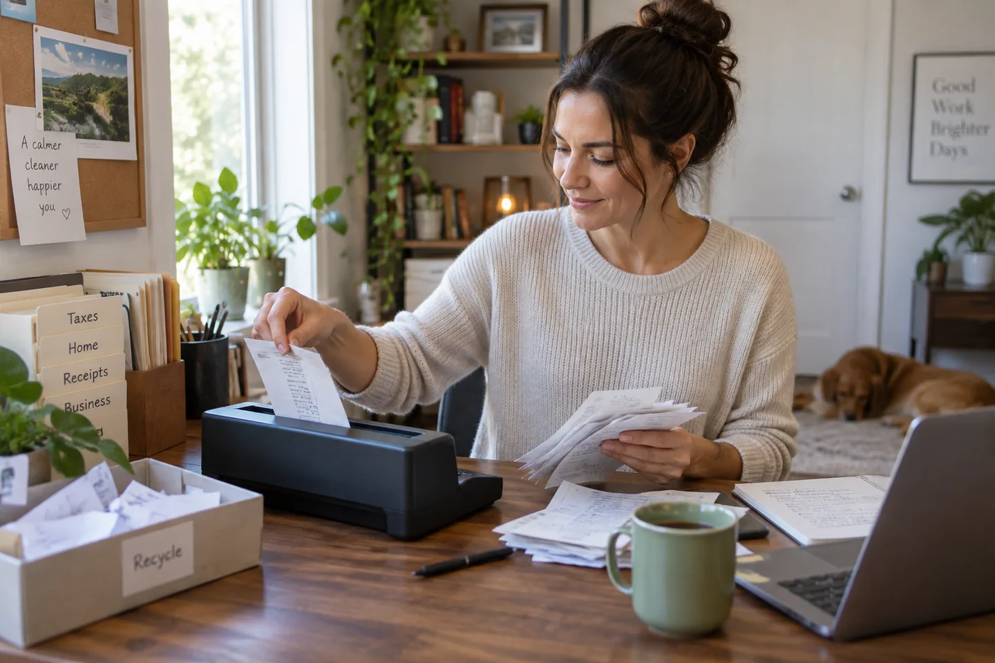 A small-business owner scanning receipts and forms at a home-office desk.