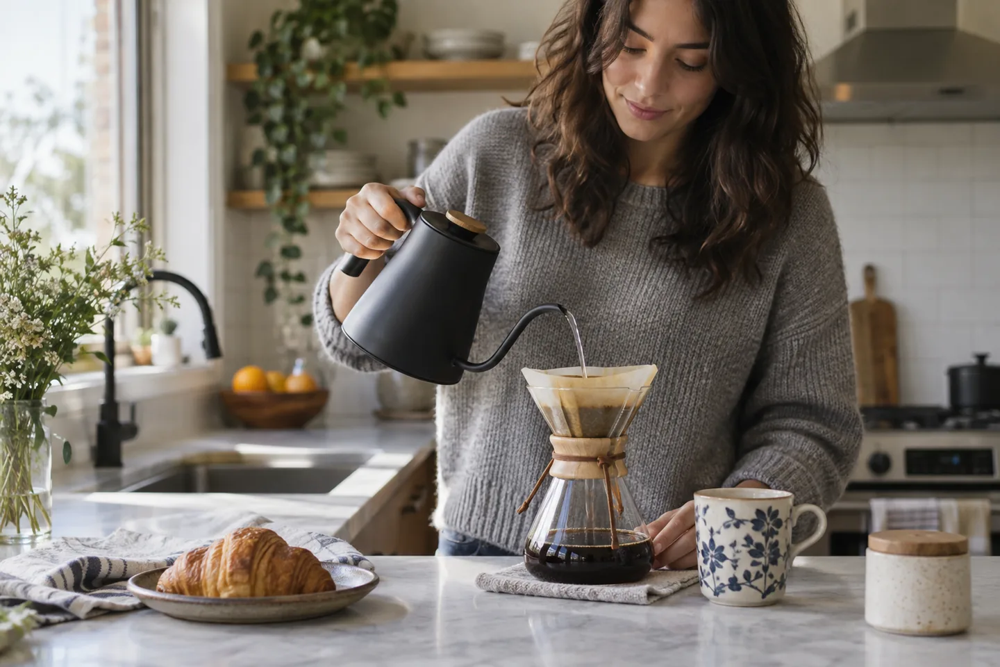 A person pouring hot water from a gooseneck kettle over coffee at a kitchen counter.