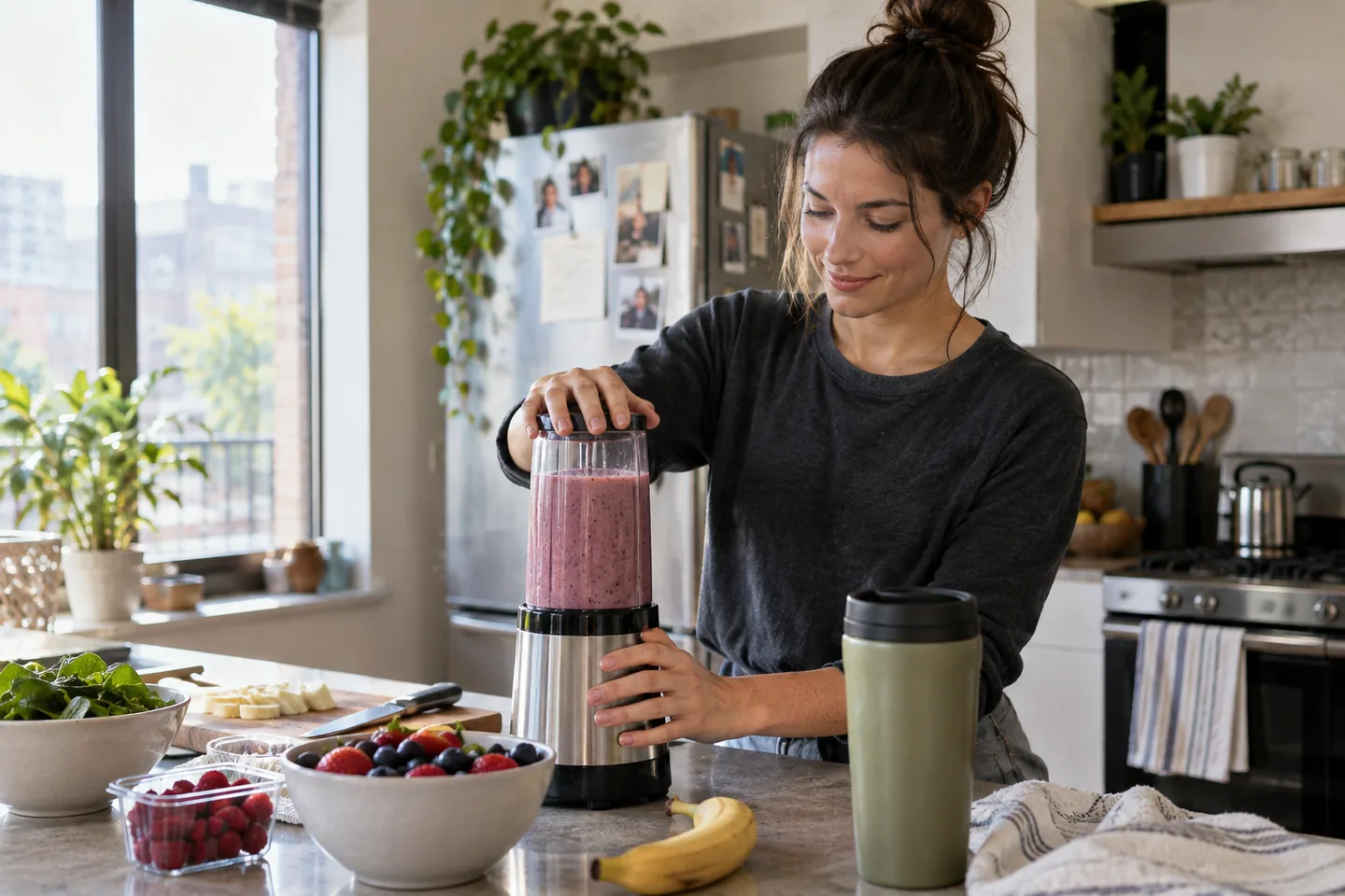 A person blending a breakfast smoothie in a sunlit apartment kitchen.