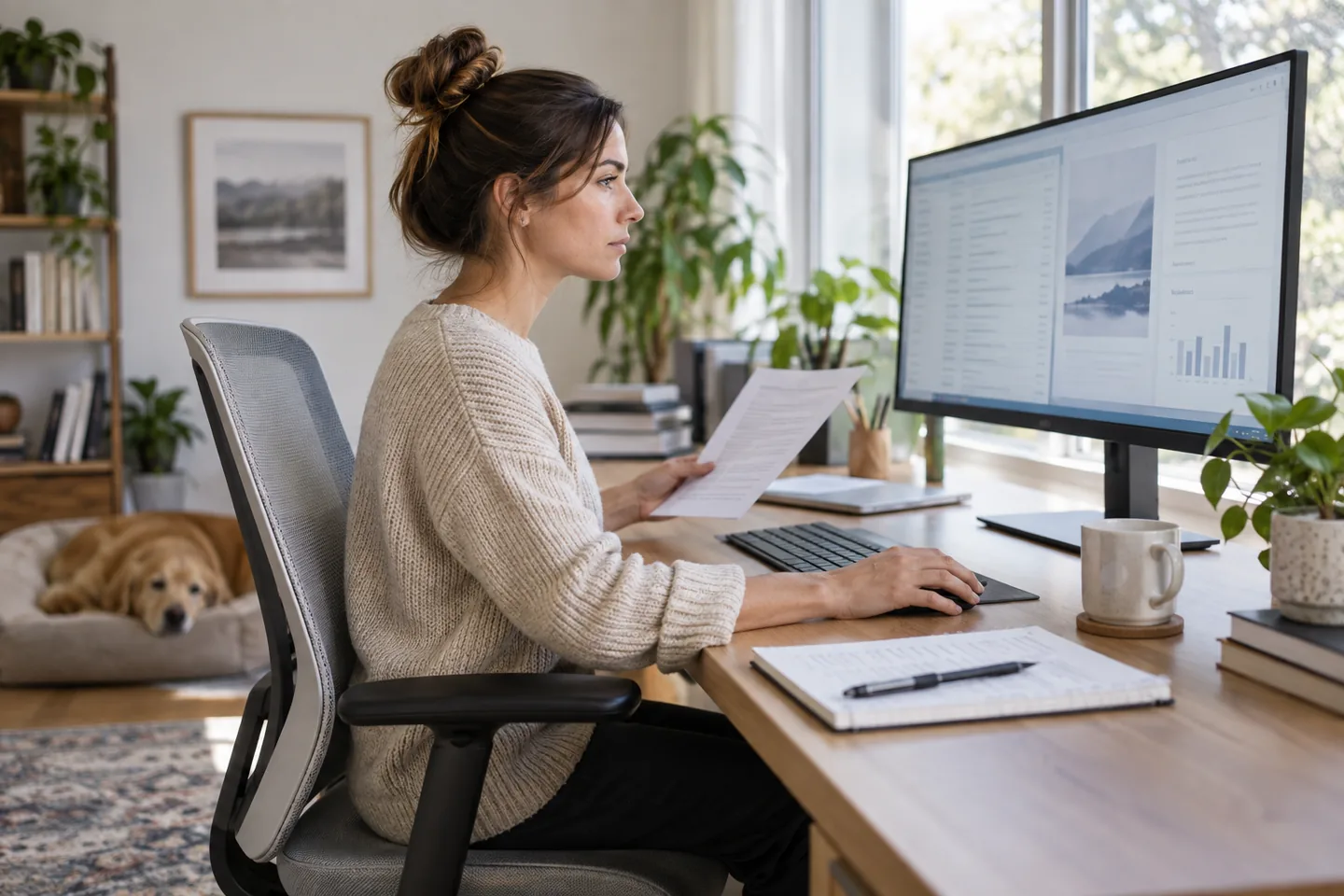 A professional working at a tidy home desk with a single large monitor.