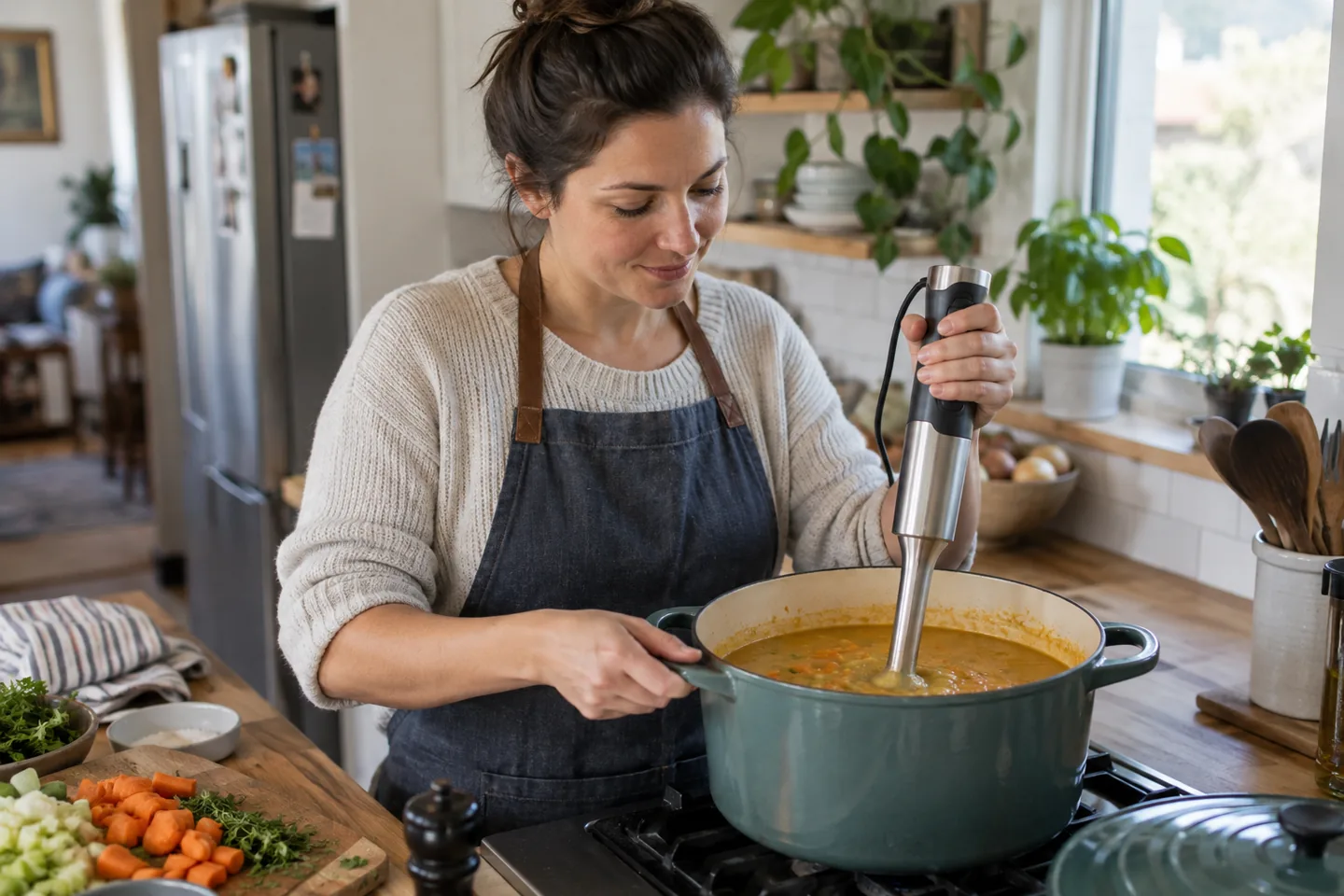 A home cook blending vegetable soup directly in a pot with an immersion blender.