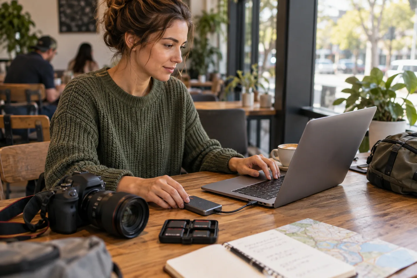 A photographer copying files from a laptop to a rugged portable SSD at a café table.