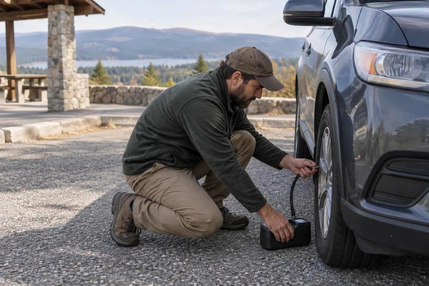 A driver checking a tire with a portable inflator at a roadside rest stop.