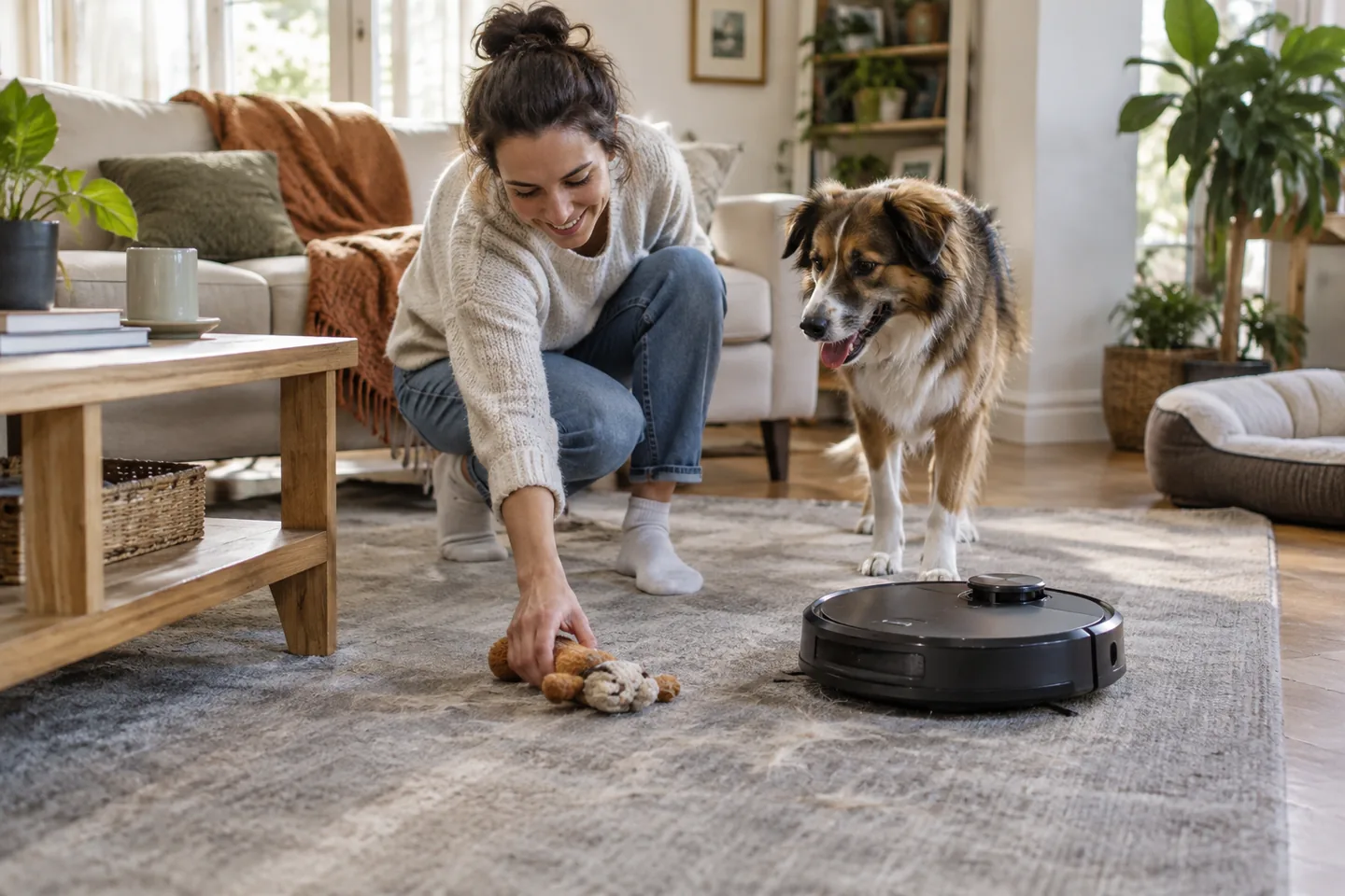 A dog owner relaxing while a robot vacuum cleans a bright living room rug.