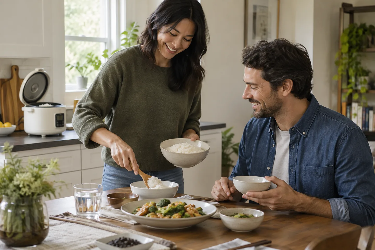 A couple serving rice from a compact cooker at a small dining table.