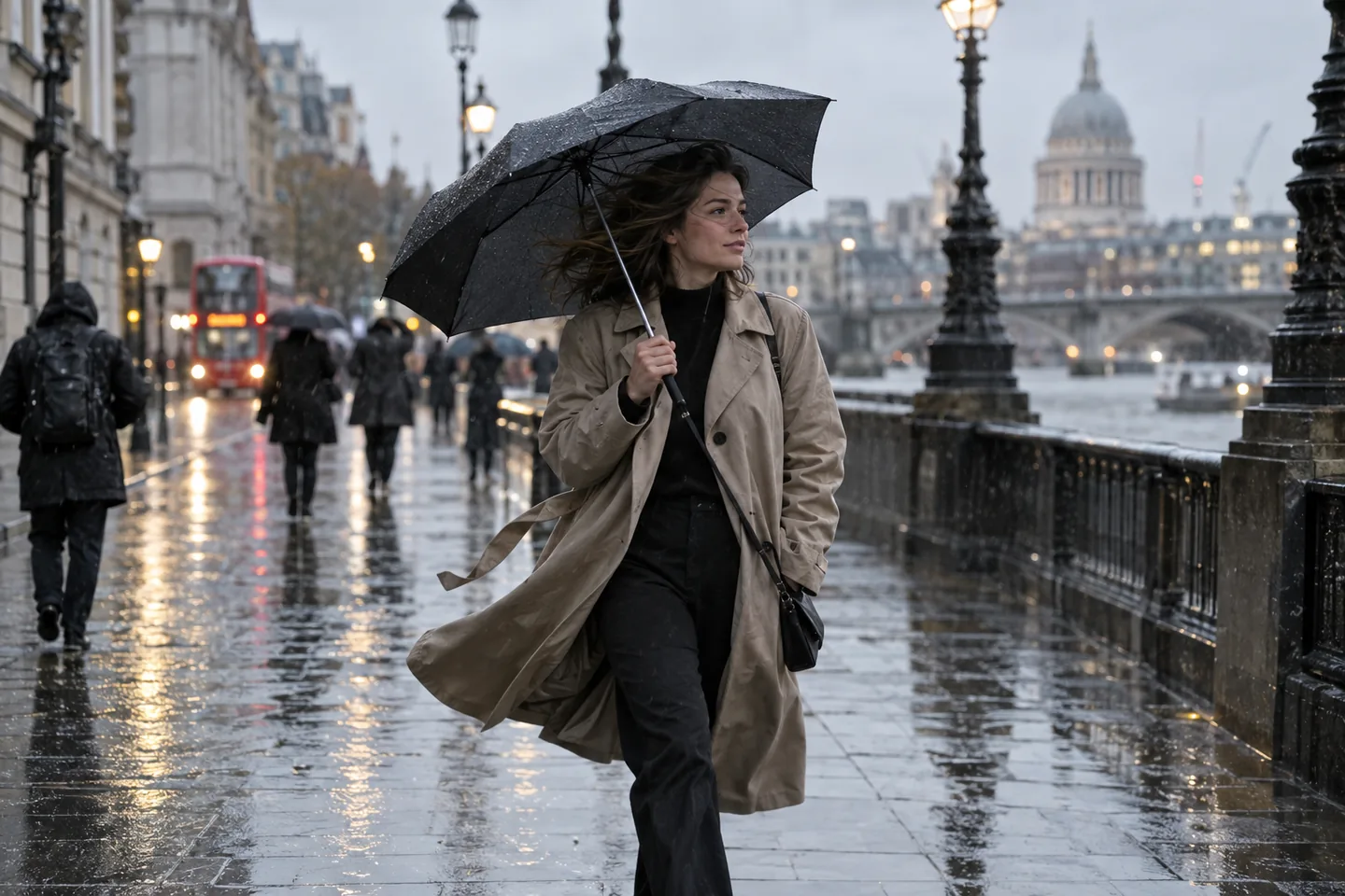 A pedestrian using a compact umbrella on a windy rainy city street.