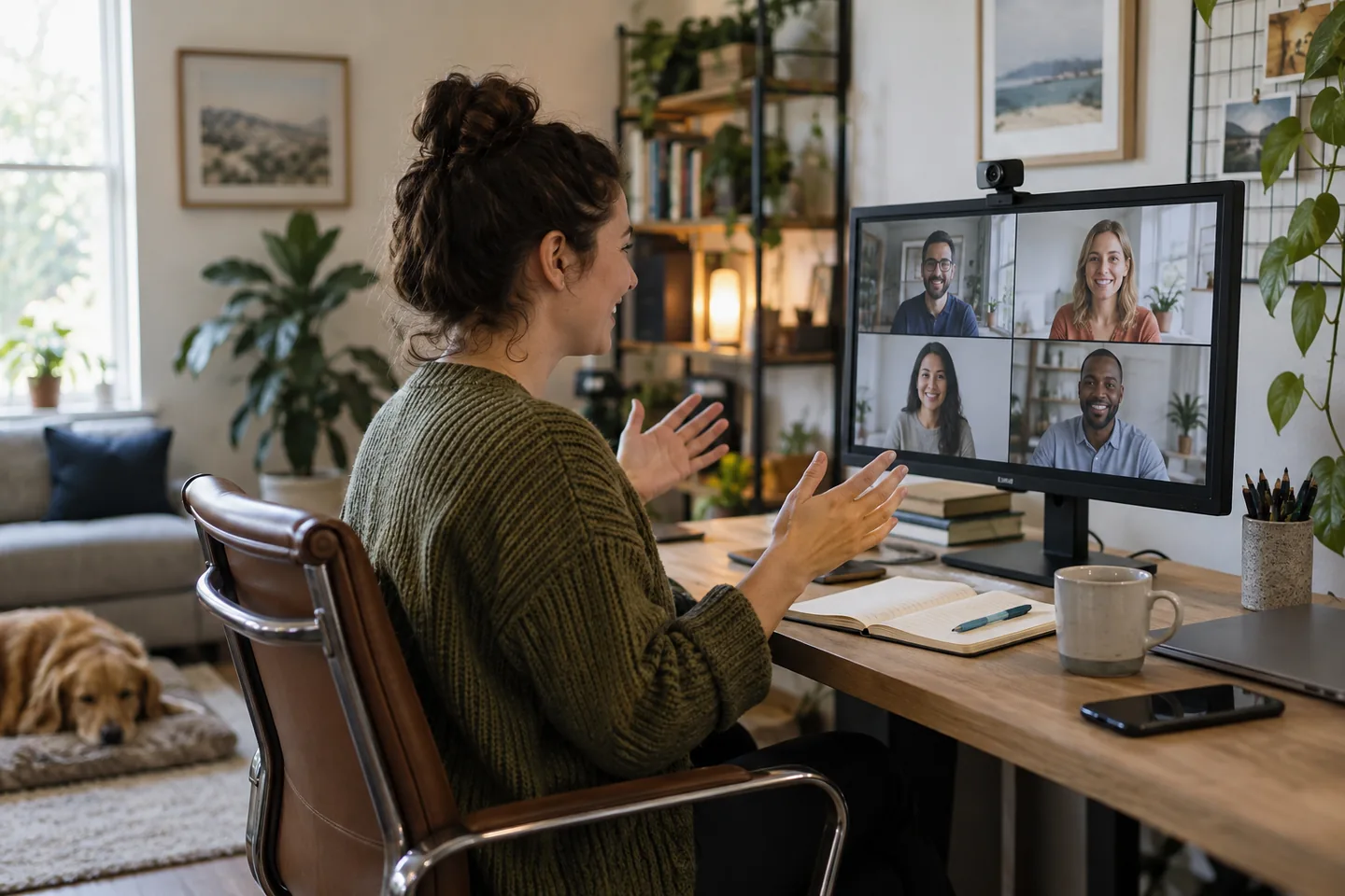 A remote worker joining a clear video call from a tidy home office.