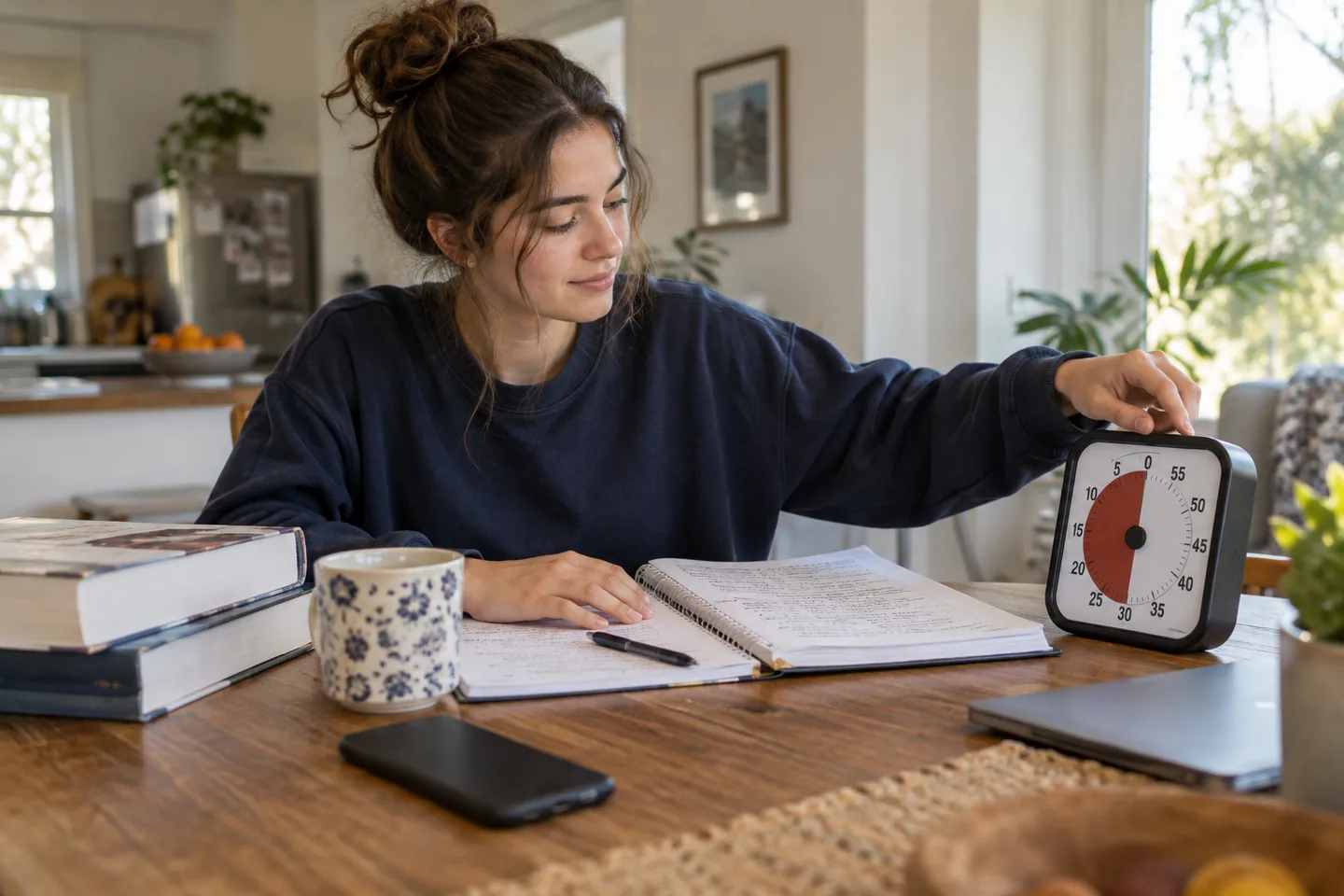 A student using a visual countdown timer beside notes and a closed phone.