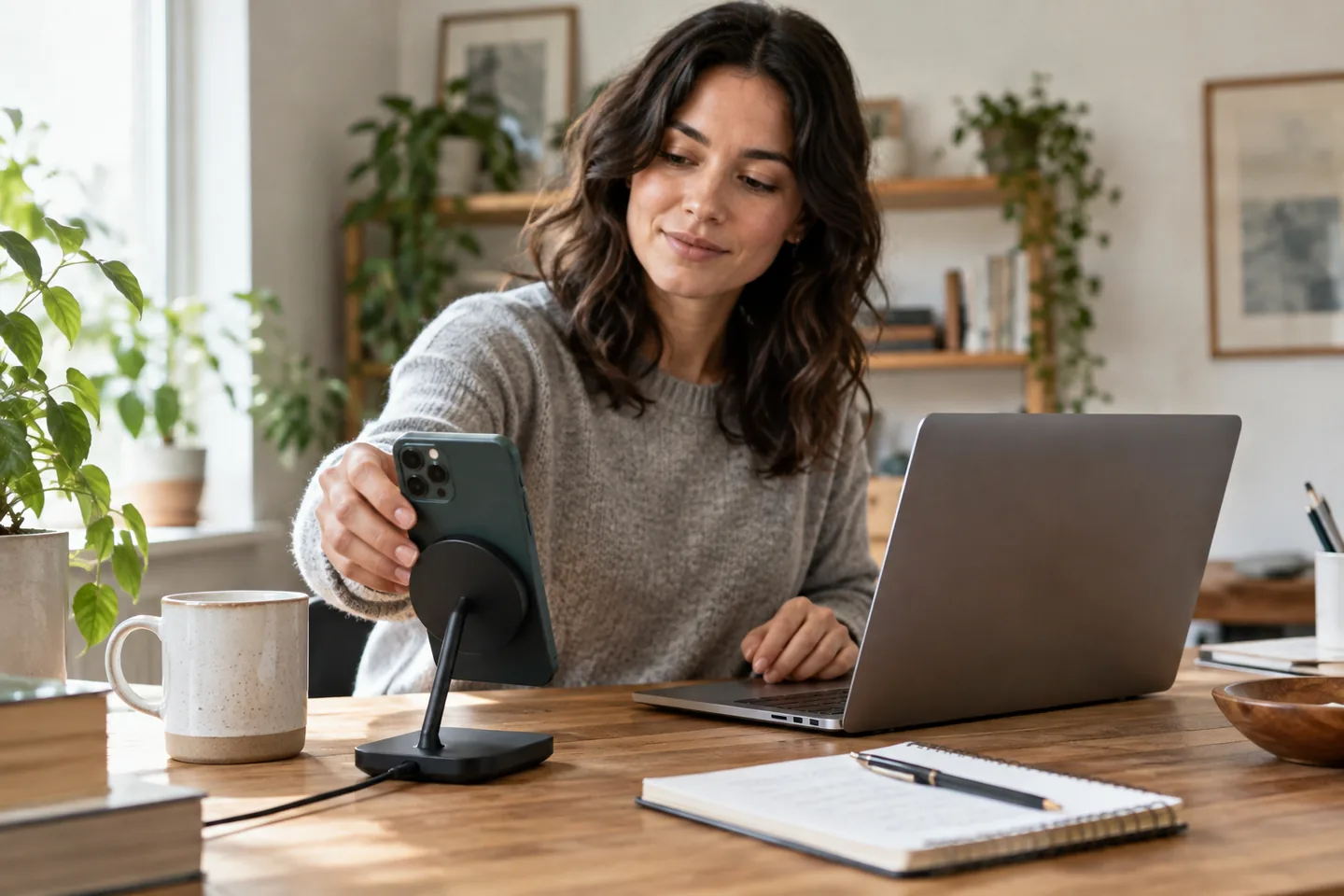 A phone charging upright on a magnetic stand beside a keyboard and notebook.